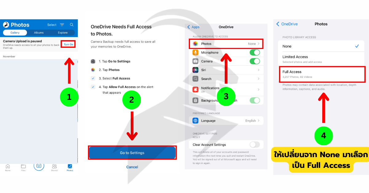 การเปิดให้ Backup ใน OneDrive ภายหลัง เมื่อต้องการให้ไฟล์ทั้งหมดในเครื่องของคุณ Backup เข้า OneDrive ภายหลัง - เข้าแอป OneDrive ไปที่เมนู รูปภาพกด เปิด หรือ Trun On - Go to Setting  - กดเข้า Photos  - ให้เปลี่ยนจาก None มาเลือกเป็น Full Access