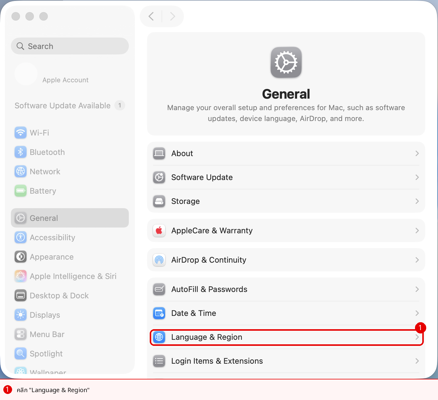 macOS System Settings หน้า Language & Region แสดง Preferred Languages สำหรับเปลี่ยนภาษา Office บน Mac