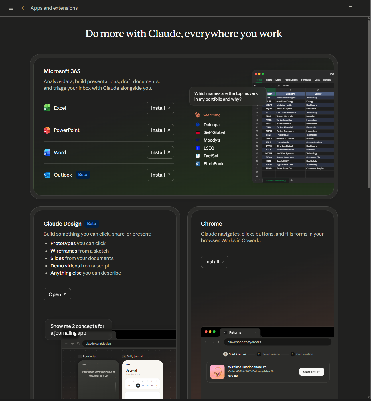 หน้า Apps and extensions ของ Claude แสดงปุ่มติดตั้ง Excel, PowerPoint, Word, Outlook
