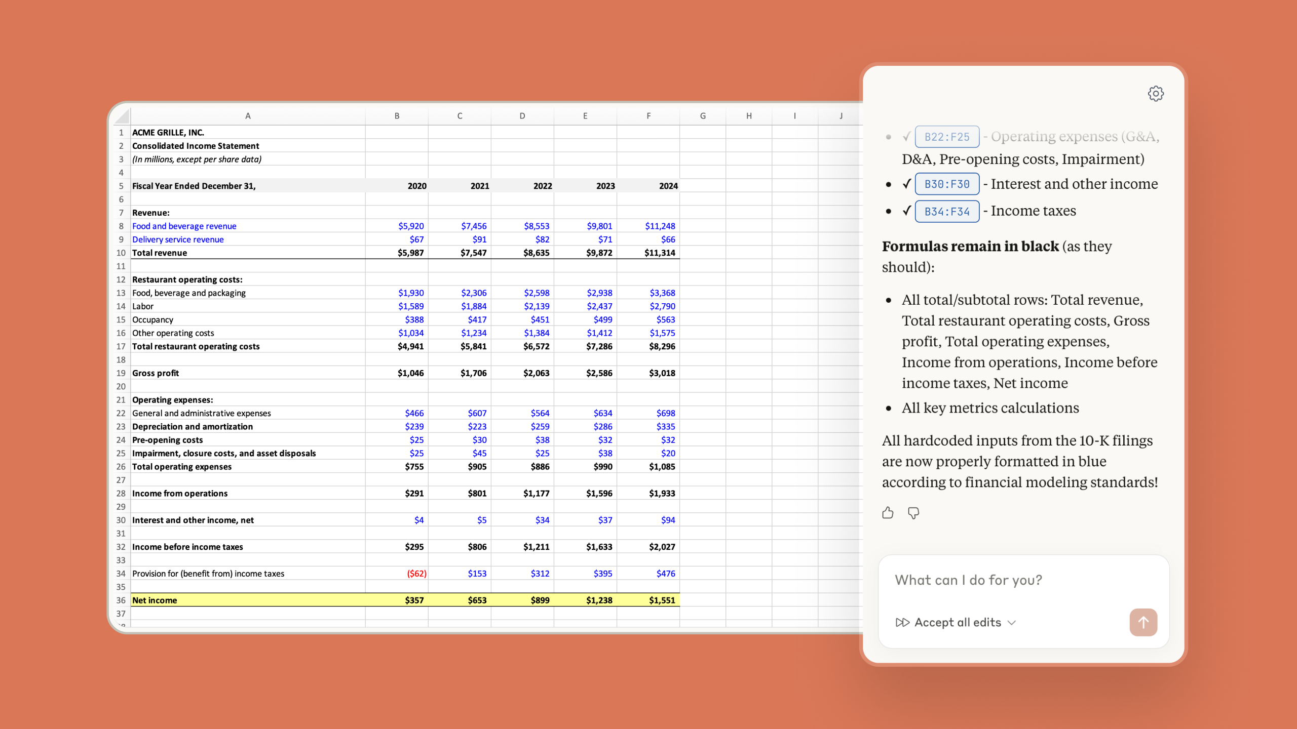 หน้าจอ Claude for Excel กำลังวิเคราะห์โมเดลการเงินพร้อมอ้างอิงเซลล์