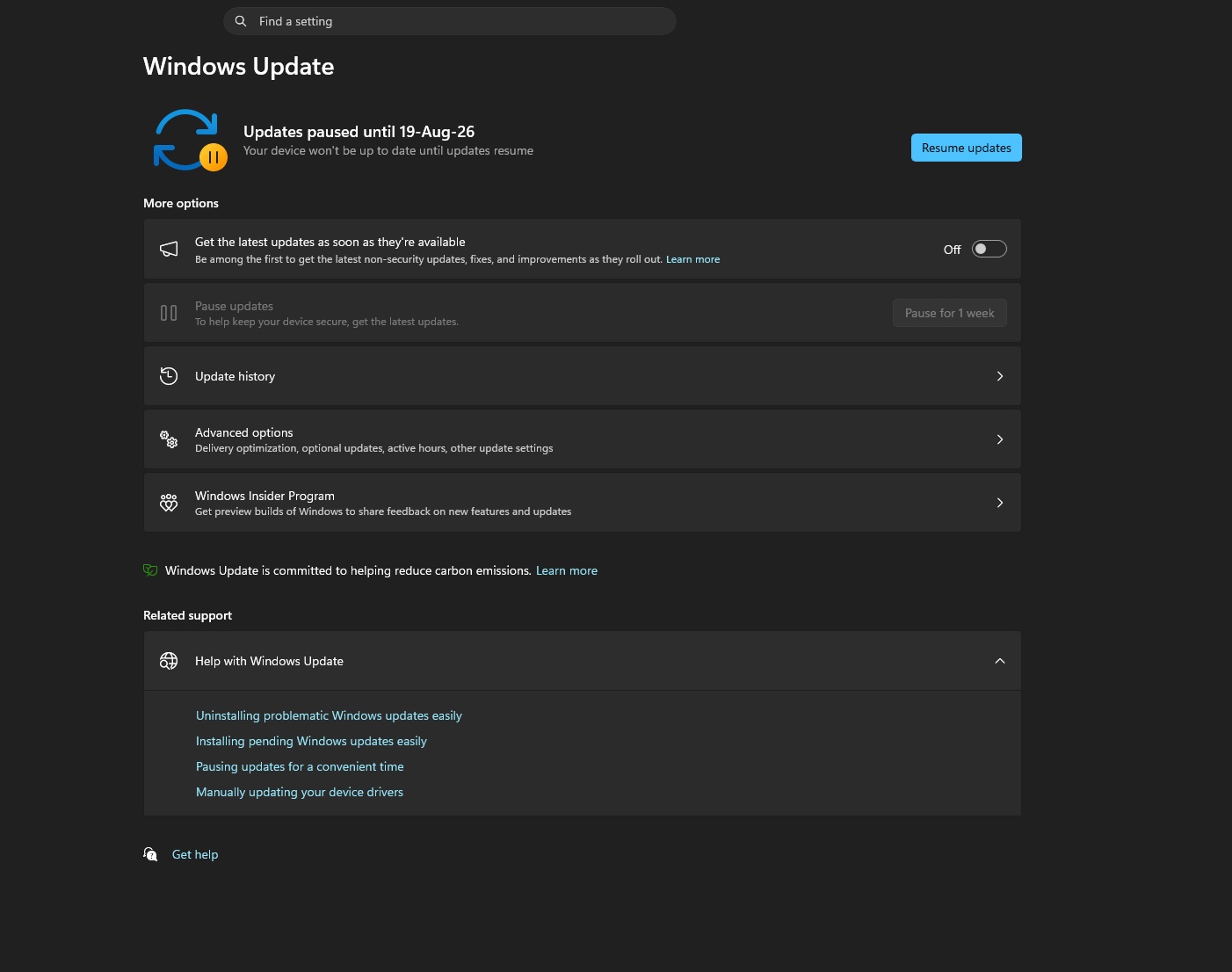 หน้าจอ Windows Update บน Windows 11 แสดงสถานะอัปเดต