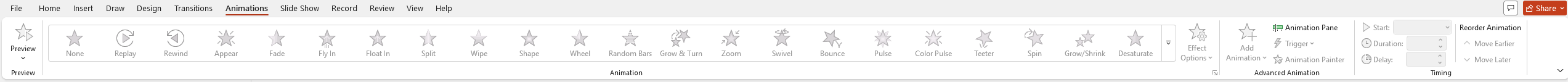 Word Ribbon แท็บ Animations เต็มแถบ แบ่งกรอบ 4 กลุ่มคำสั่ง