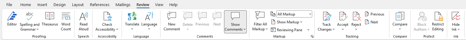 Word Ribbon แท็บ Review เต็มแถบ แบ่งกรอบ 10 กลุ่มคำสั่ง