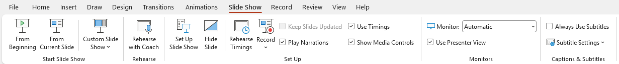 Word Ribbon แท็บ Slide Show เต็มแถบ แบ่งกรอบ 5 กลุ่มคำสั่ง