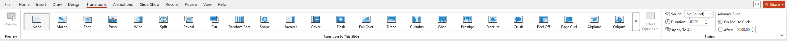 Word Ribbon แท็บ Transitions เต็มแถบ แบ่งกรอบ 3 กลุ่มคำสั่ง