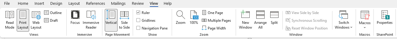 Word Ribbon แท็บ View เต็มแถบ แบ่งกรอบ 7 กลุ่มคำสั่ง