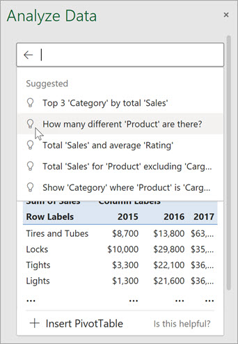 บานหน้าต่าง Analyze Data ของจริงใน Excel แสดงคำถามแนะนำและตารางสรุปยอดขาย