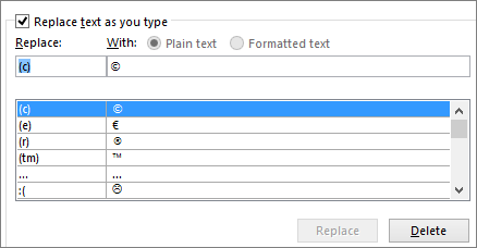 หน้าต่าง AutoCorrect ของจริง แสดงช่อง Replace/With และรายการคำย่อที่ตั้งไว้