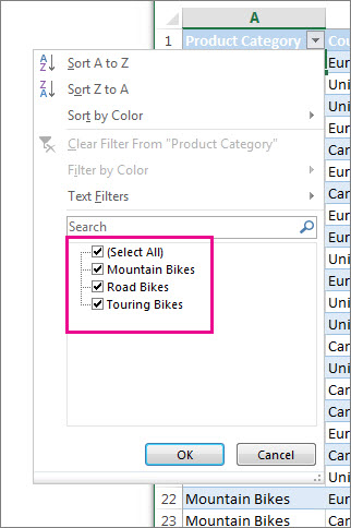เมนู AutoFilter ของจริงใน Excel แสดงรายการติ๊กเลือกค่าที่ต้องการกรอง