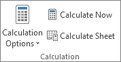 กลุ่มปุ่ม Calculation Options และ Calculate Now ของจริงในแท็บ Formulas ของ Excel