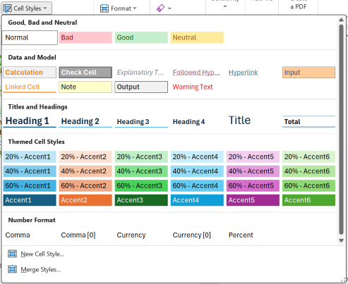 แกลเลอรี Cell Styles สำเร็จรูปของจริงใน Excel แสดงกลุ่ม Good/Bad/Neutral และ Titles