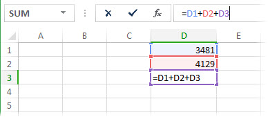 ตัวอย่างจริงของสูตร =D1+D2+D3 ในเซลล์ D3 ที่อ้างอิงตัวเองจนเกิด Circular Reference