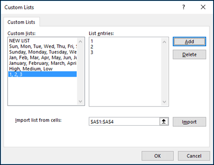 หน้าต่าง Custom Lists ของจริงใน Excel แสดงช่อง List entries และปุ่ม Add
