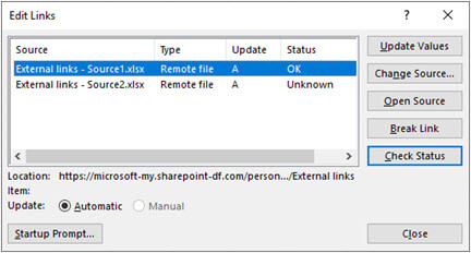 หน้าต่าง Edit Links ของจริงใน Excel แสดงรายการไฟล์ต้นทางและสถานะ OK/Unknown