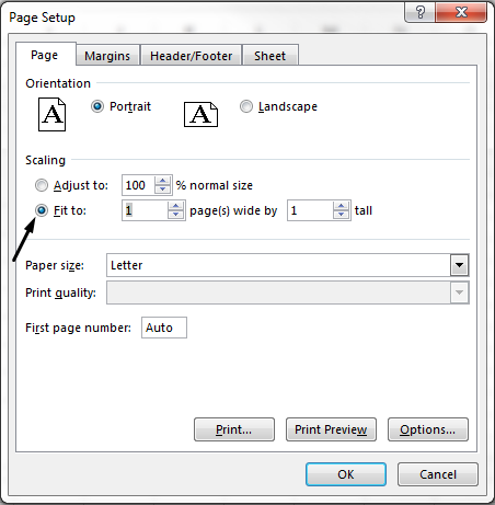 หน้าต่าง Page Setup ของจริงใน Excel แสดงตัวเลือก Fit to สำหรับย่อให้พอดีหน้ากระดาษ