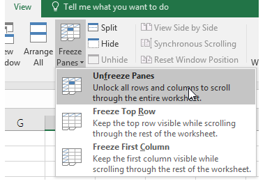 เมนู Freeze Panes ใน Excel แสดงตัวเลือก Unfreeze Panes, Freeze Top Row, Freeze First Column