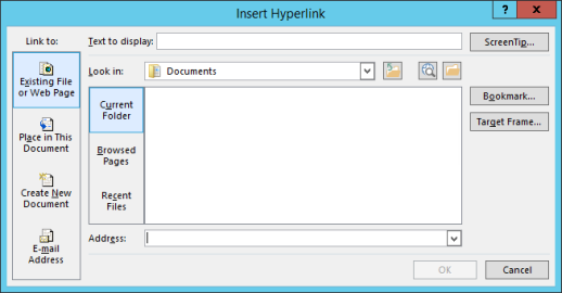 หน้าต่าง Insert Hyperlink ของจริง แสดงตัวเลือกปลายทางด้านซ้าย เช่น Existing File, Place in This Document