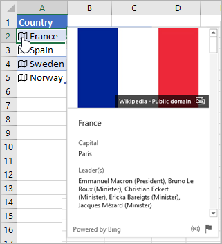 ตัวอย่างจริงของการ์ดข้อมูล Geography ที่เชื่อมกับเซลล์ประเทศ France ใน Excel