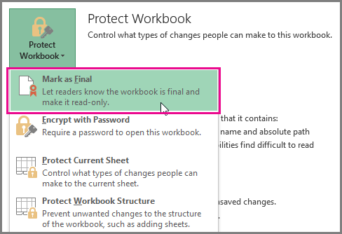 เมนู Protect Workbook ของจริงใน Excel แสดงตัวเลือก Mark as Final