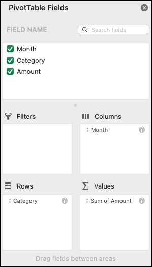 แถบ PivotTable Fields ของจริงใน Excel แสดงการลากฟิลด์ไปวางใน Rows, Columns และ Values