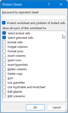 หน้าต่าง Protect Sheet ของจริงใน Excel แสดงรายการสิทธิ์ที่อนุญาตให้ผู้ใช้ทำได้
