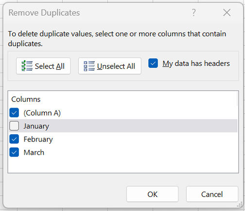 หน้าต่าง Remove Duplicates ของจริงใน Excel แสดงรายการคอลัมน์ให้ติ๊กเลือก