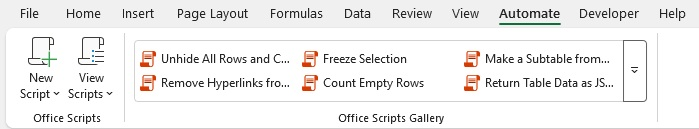 Excel Ribbon แท็บ Automate เต็มแถบ แบ่งกรอบ 2 กลุ่มคำสั่ง