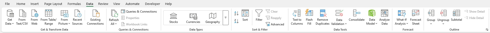 Excel Ribbon แท็บ Data เต็มแถบ แบ่งกรอบ 7 กลุ่มคำสั่ง