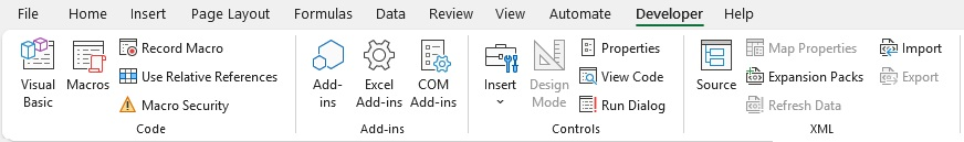 Excel Ribbon แท็บ Developer เต็มแถบ แบ่งกรอบ 4 กลุ่มคำสั่ง