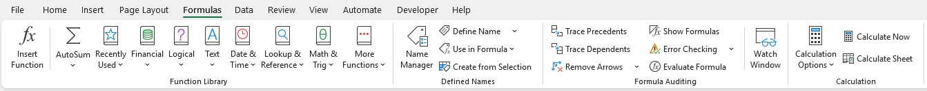 Excel Ribbon แท็บ Formulas เต็มแถบ แบ่งกรอบ 4 กลุ่มคำสั่ง