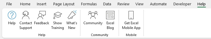 Excel Ribbon แท็บ Help เต็มแถบ แบ่งกรอบ 3 กลุ่มคำสั่ง