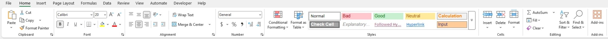 Excel Ribbon แท็บ Home เต็มแถบ พร้อมเลขกำกับตำแหน่งปุ่มทั้งหมด
