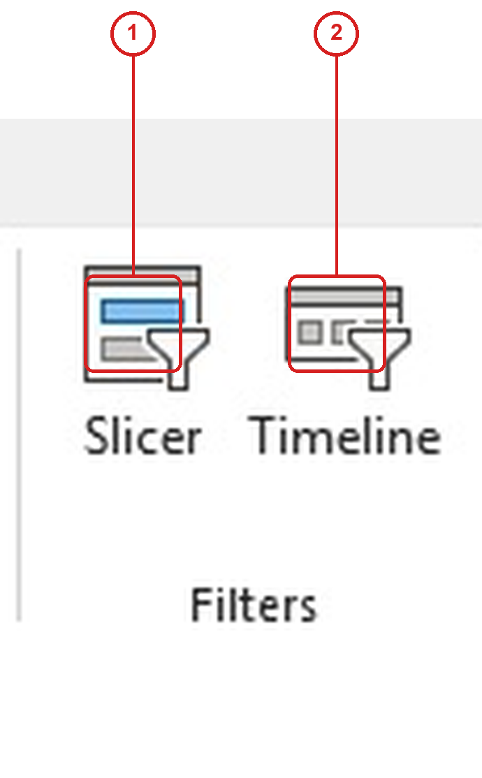 กลุ่มคำสั่ง Filters ใน Excel Ribbon แท็บ Insert มี Slicer และ Timeline