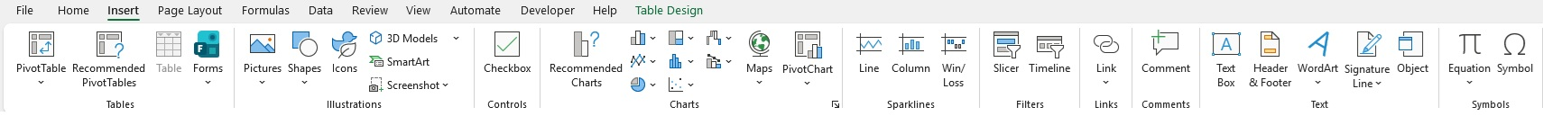 Excel Ribbon แท็บ Insert เต็มแถบ แบ่งกรอบ 10 กลุ่มคำสั่ง