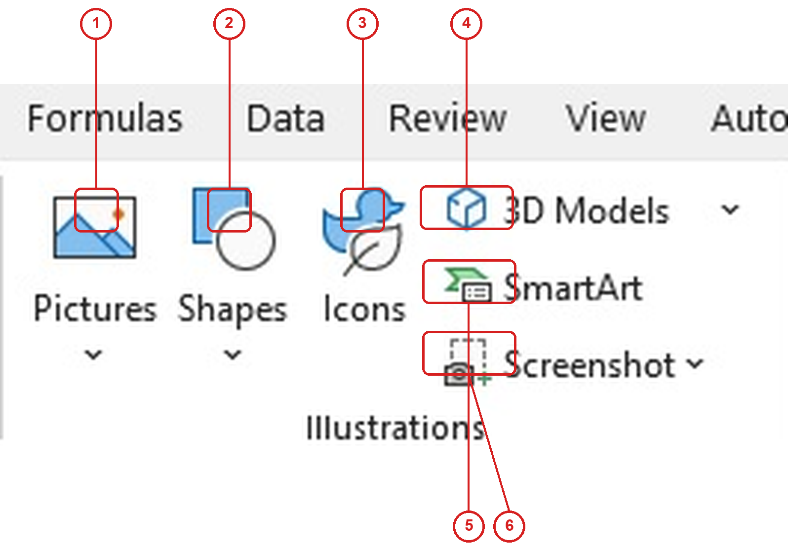 กลุ่มคำสั่ง Illustrations ใน Excel Ribbon แท็บ Insert มี Pictures Shapes Icons 3D Models SmartArt Screenshot