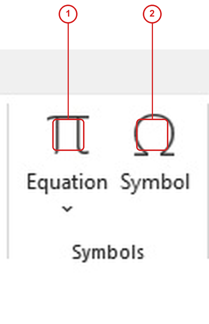 กลุ่มคำสั่ง Symbols ใน Excel Ribbon แท็บ Insert มี Equation และ Symbol