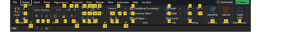 ตัวอักษร Key Tips ที่ขึ้นกำกับปุ่มต่างๆ บนริบบอน Excel เมื่อกด Alt