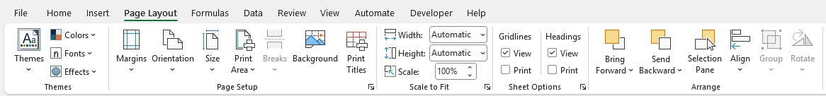 Excel Ribbon แท็บ Page Layout เต็มแถบ แบ่งกรอบ 5 กลุ่มคำสั่ง