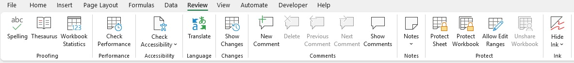 Excel Ribbon แท็บ Review เต็มแถบ แบ่งกรอบ 9 กลุ่มคำสั่ง