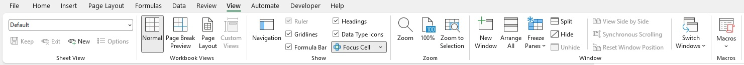 Excel Ribbon แท็บ View เต็มแถบ แบ่งกรอบ 6 กลุ่มคำสั่ง