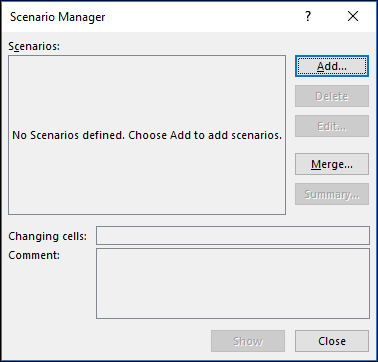 หน้าต่าง Scenario Manager ของจริงใน Excel แสดงปุ่ม Add, Edit, Merge, Summary