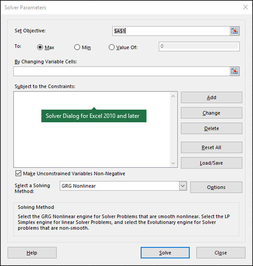 หน้าต่าง Solver Parameters ของจริงใน Excel แสดง Set Objective, Variable Cells และ Constraints