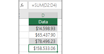 ตัวอย่างสูตร SUM ใน Excel รวมยอดตัวเลขในคอลัมน์ Data