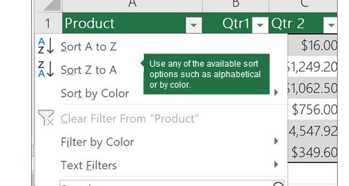 เมนู Sort และ Filter ที่เปิดจากปุ่มลูกศรบนหัวตาราง Excel Table