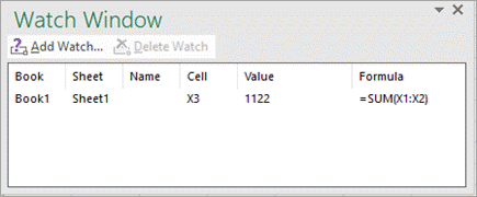 หน้าต่าง Watch Window ของจริงใน Excel แสดงคอลัมน์ Book, Sheet, Cell, Value, Formula