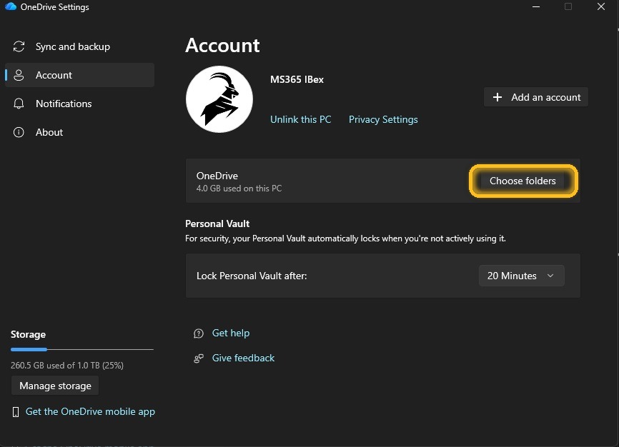 แท็บ Account ใน OneDrive Settings กดปุ่ม Choose folders เพื่อเลือกโฟลเดอร์ที่ต้องการซิงก์