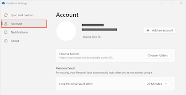 หน้าจอแท็บ Account ในการตั้งค่า OneDrive ที่มีปุ่ม Unlink this PC