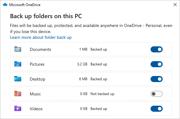 หน้าจอเลือกโฟลเดอร์ที่จะสำรองอัตโนมัติใน OneDrive ได้แก่ Documents, Pictures, Desktop, Music, Videos
