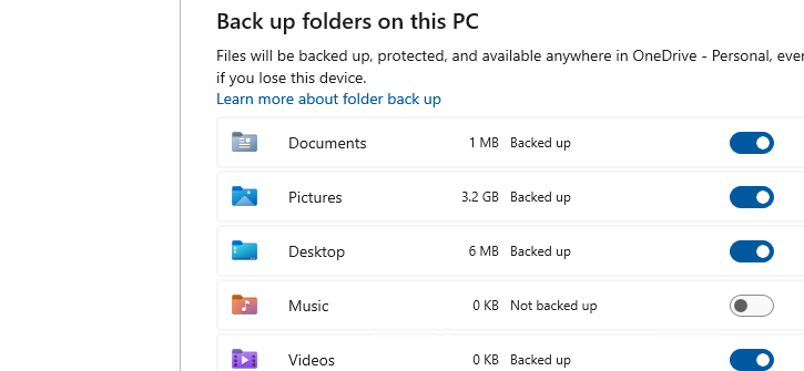 หน้าต่าง Back up folders on this PC สลับเปิด/ปิด Documents, Pictures, Desktop ให้สำรองขึ้น OneDrive