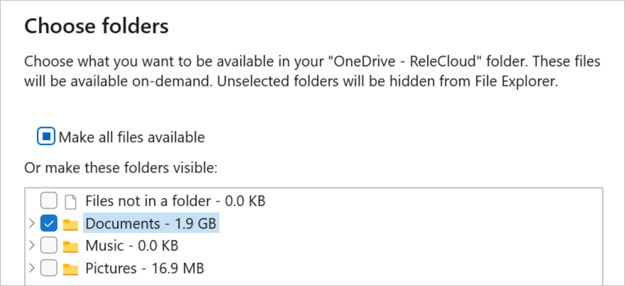 หน้าต่าง Choose Folders ของ OneDrive แสดงรายการโฟลเดอร์ที่เลือกซิงค์ได้ เช่น Documents, Music, Pictures